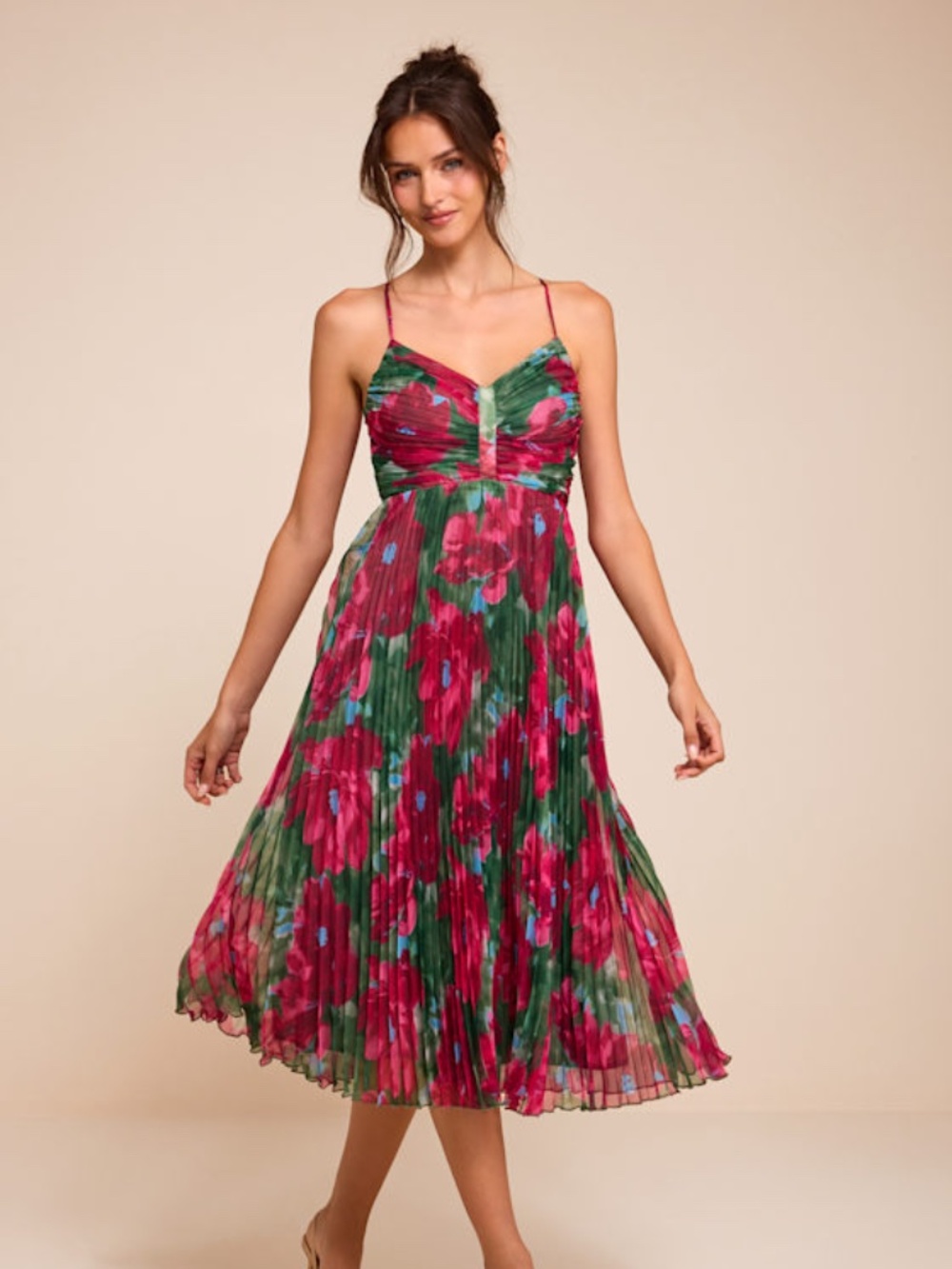 Lulus Whitley Green Multi Floral Pleated Sleeveless Midi Dress - Size XL
